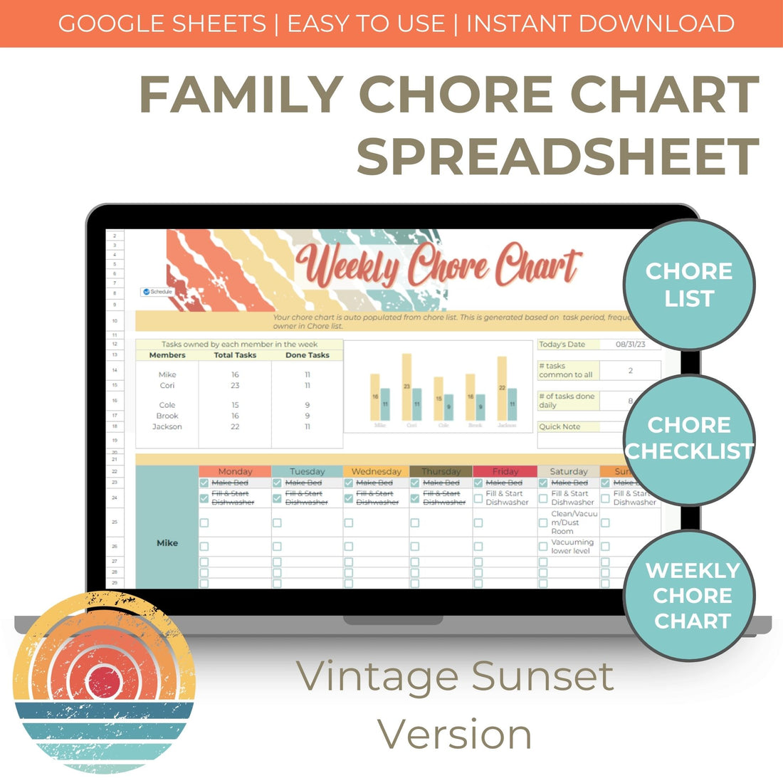 Main image of Chore Chart for Multiple Kids - Vintage Sunset