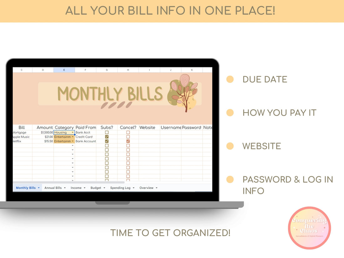 A screenshot of the Family Budget Planner Spreadsheet, showcasing its bill tracking page
