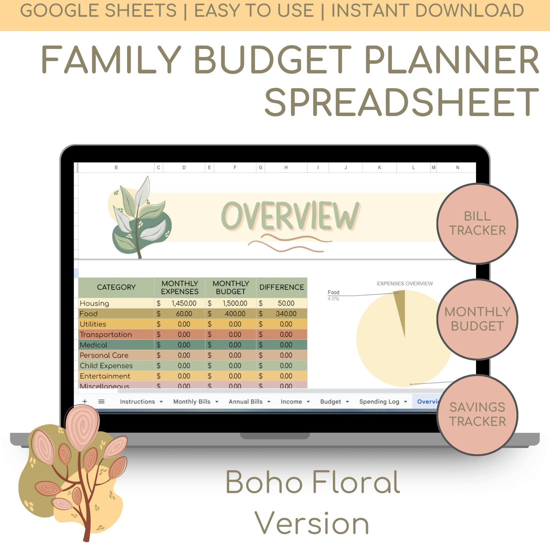 Overall features of the Family Budget Planner Spreadsheet shown in Boho Floral